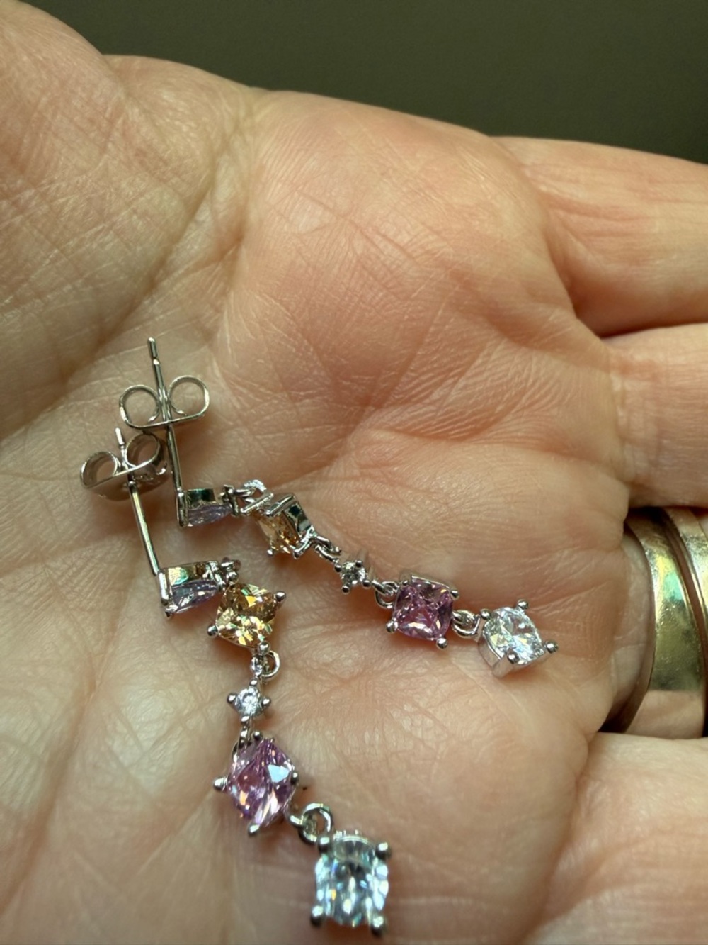 NEW! 14k White Gold Plated Multi-Stone Drop Earrings - Pink, Yellow & Clear - Picture 5 of 10